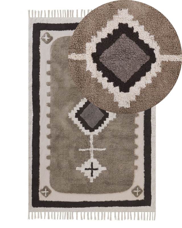 Area Rug Beige Cotton 140 x 200 cm Tufted Traditional Abstract Pattern Tassels Living Room Bedroom Beliani