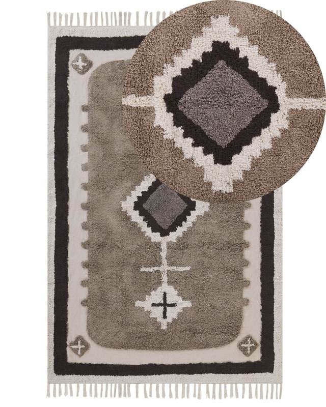 Area Rug Beige Cotton 160 x 230 cm Tufted Traditional Abstract Pattern Tassels Living Room Bedroom Beliani