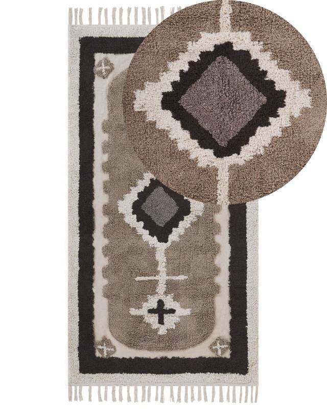 Area Rug Beige Cotton 80 x 150 cm Tufted Traditional Abstract Pattern Tassels Living Room Bedroom Beliani