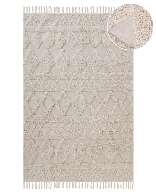 Area Rug Beige Cotton 140 x 200 cm Minimalistic Tufted Geometric Pattern Living Room Bedroom Beliani