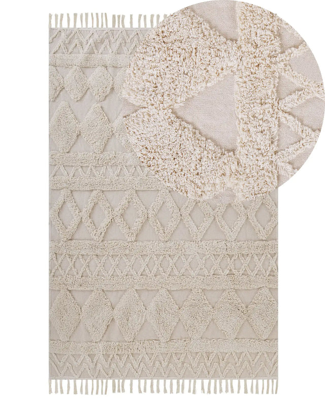 Area Rug Beige Cotton 140 x 200 cm Minimalistic Tufted Geometric Pattern Living Room Bedroom Beliani