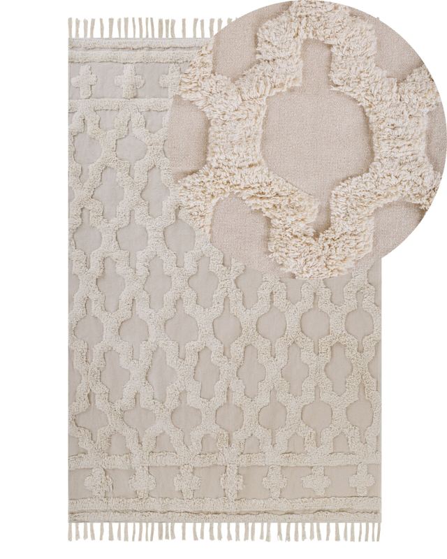 Area Rug Beige Cotton 140 x 200 cm Tufted Moroccan Quatrefoil Pattern Tassels Living Room Bedroom Beliani