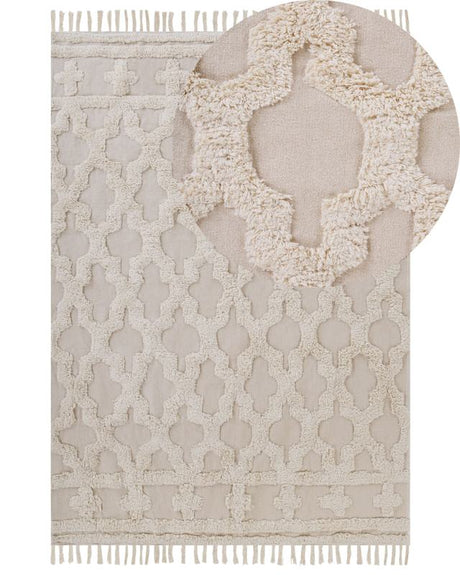 Area Rug Beige Cotton 160 x 230 cm Tufted Moroccan Quatrefoil Pattern Tassels Living Room Bedroom Beliani