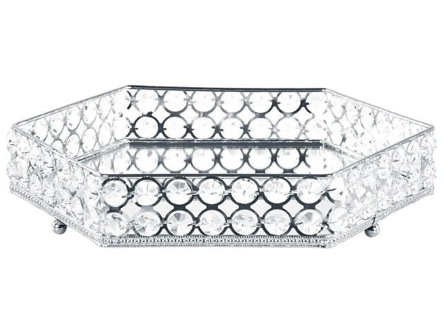 Decorative Tray Silver Iron and Glass Mirrored Hexagonal with Rhinestones Tabletop Glamour Accent Piece Beliani