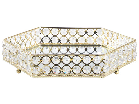 Decorative Tray Gold Iron and Glass Mirrored Hexagonal with Rhinestones Tabletop Glamour Accent Piece  Beliani