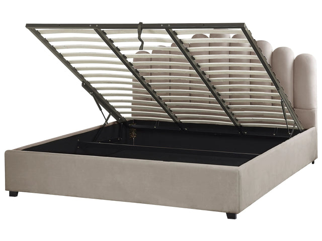 Storage Bed Taupe Velvet EU Super King Size 6ft Sea Shell Headboard Slatted Base 180 x 200 cm Beliani