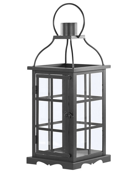 Metal Lantern Black Iron 42 cm Pillar Candle Holder Glass Doors Indoor Decorative Piece Beliani