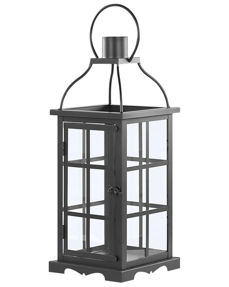 Metal Lantern Black Iron 52 cm Pillar Candle Holder Glass Doors Indoor Decorative Piece Beliani