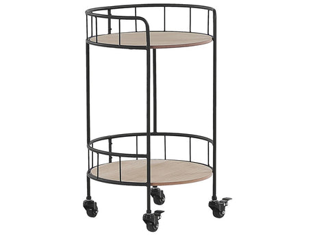 Kitchen Trolley Black Metal 64 cm Construction Light Wood Shelves Round with Shelf and Castors Industrial Rustic Modern Beliani