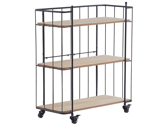 Kitchen Trolley Black Metal 81 cm Construction Light Wood Shelves with Shelf and Castors Industrial Rustic Modern Beliani