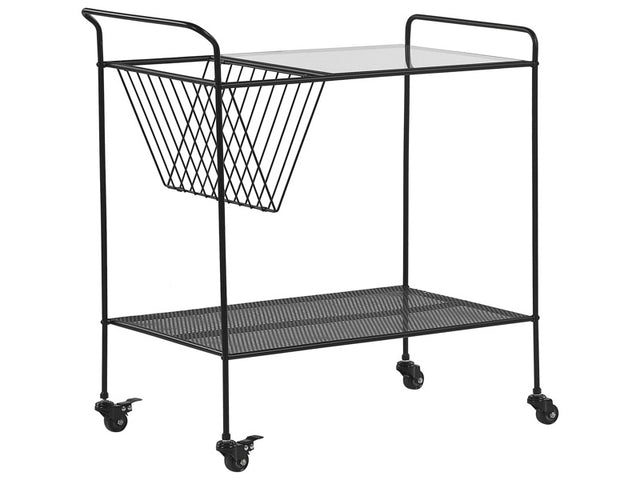 Kitchen Trolley Black Metal 70 cm Tempered Glass Top with Shelf and Castors Industrial Modern Beliani