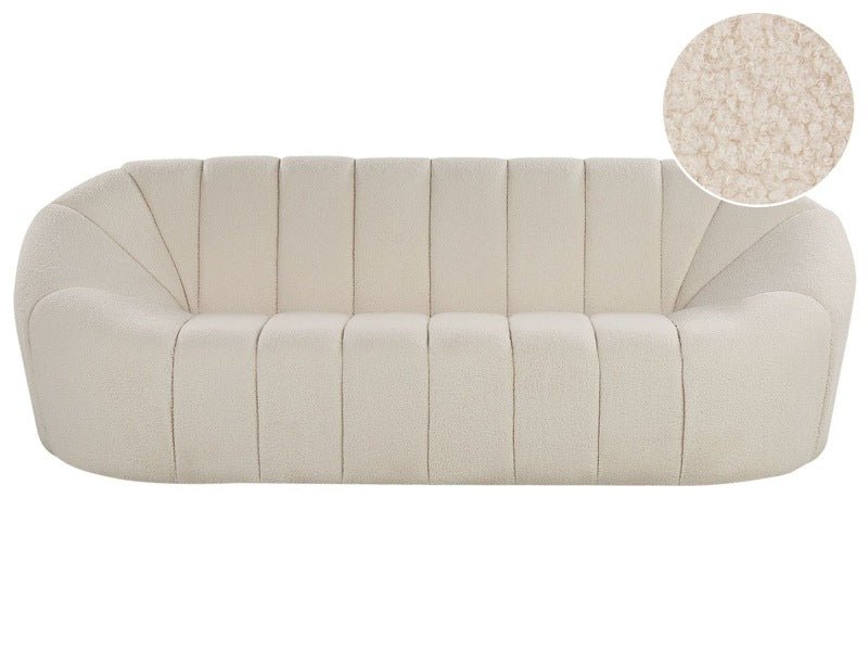 Sofa White Fabric 3 Seater Glam No Armrests Boucle Kidney Shape Wide Back Living Room Textured Fabric Beliani