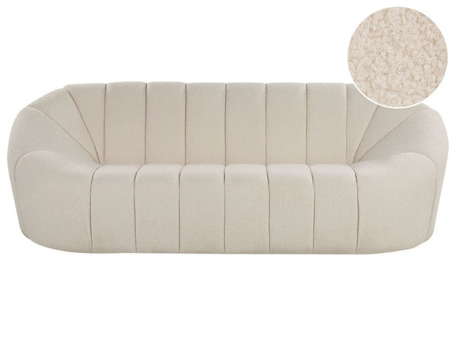 Sofa White Fabric 3 Seater Glam No Armrests Boucle Kidney Shape Wide Back Living Room Textured Fabric Beliani