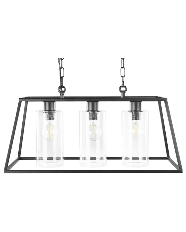 Pendant Lamp Black Metal 117 cm Cage Frame 3 Cylindrical Glass Shades Ceiling Light Beliani