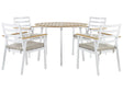 Outdoor Dining Set White Aluminium 4 Seater Round Table 105 cm Slatted Chairs with Beige Seat Pads Beliani