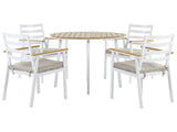 Outdoor Dining Set White Aluminium 4 Seater Round Table 105 cm Slatted Chairs with Beige Seat Pads Beliani