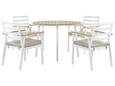 Outdoor Dining Set White Aluminium 4 Seater Round Table 105 cm Slatted Chairs with Beige Seat Pads Beliani