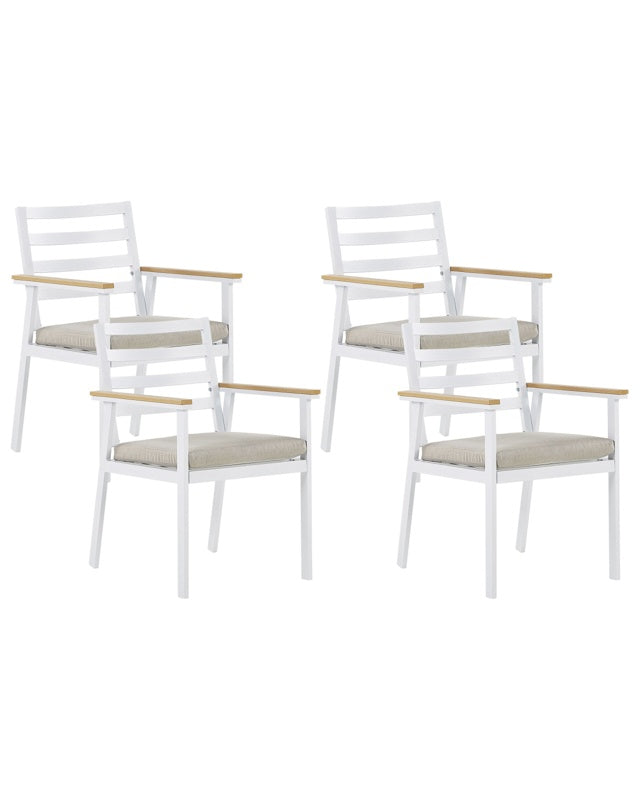 Set of 4 Garden Chairs White Aluminium Beige Seat Pad Cushions Powder-Coated Finish Patio Outdoor Beliani