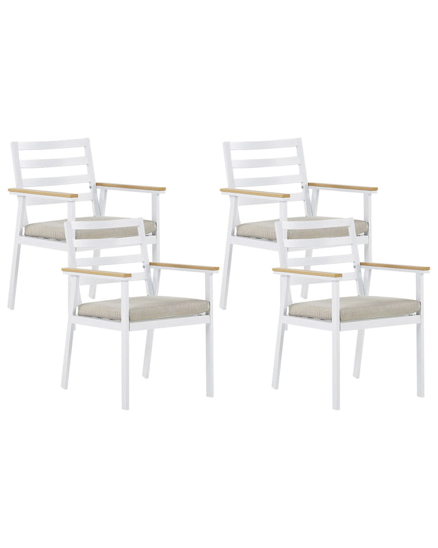 Set of 4 Garden Chairs White Aluminium Beige Seat Pad Cushions Powder-Coated Finish Patio Outdoor Beliani