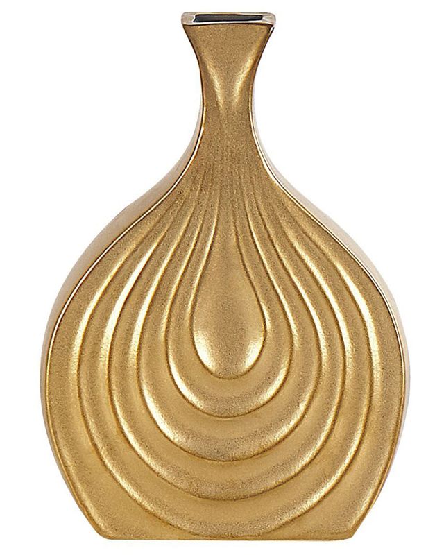 Decorative Table Vase Gold Stoneware 25 cm Carved Surface Irregular Shape Beliani