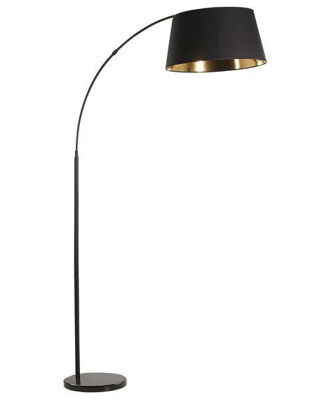 Floor Lamp Black Metal 187 cm Curved Frame Cotton Drum Shade Marble Base Modern Design Beliani