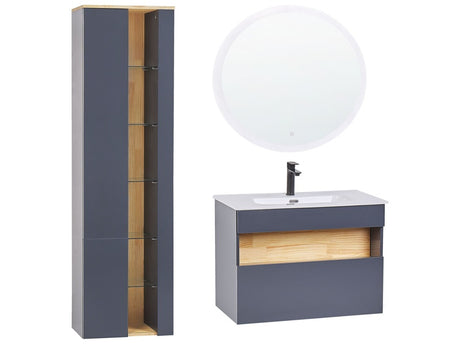 3 Piece Bathroom Furniture Set Grey MDF with Ceramic Basin Wall Mount Vanity Tall Cabinet Round LED Mirror Beliani