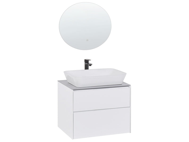 Bathroom Vanity Set White MDF with Ceramic Basin Wall Mount 2 Drawers Cabinet Round LED Illuminated Mirror Beliani