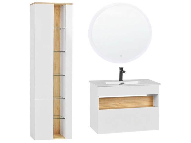 3 Piece Bathroom Furniture Set White MDF with Ceramic Basin Wall Mount Vanity Tall Cabinet Round LED Mirror Beliani