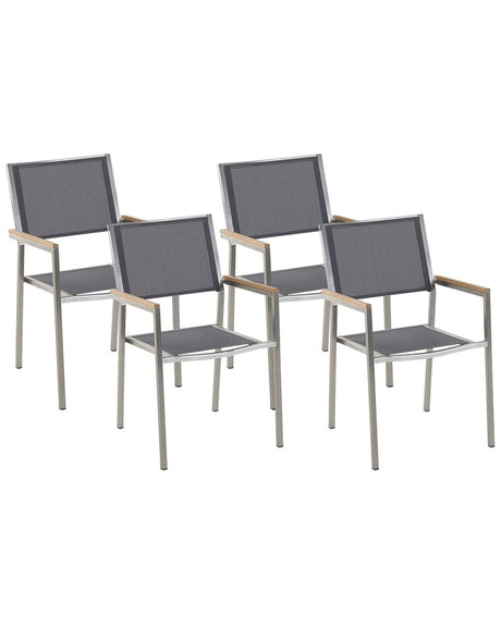 Set of 4 Garden Dining Chairs Grey and Silver Textile Seat Stainless Steel Legs Stackable Outdoor Resistances Beliani