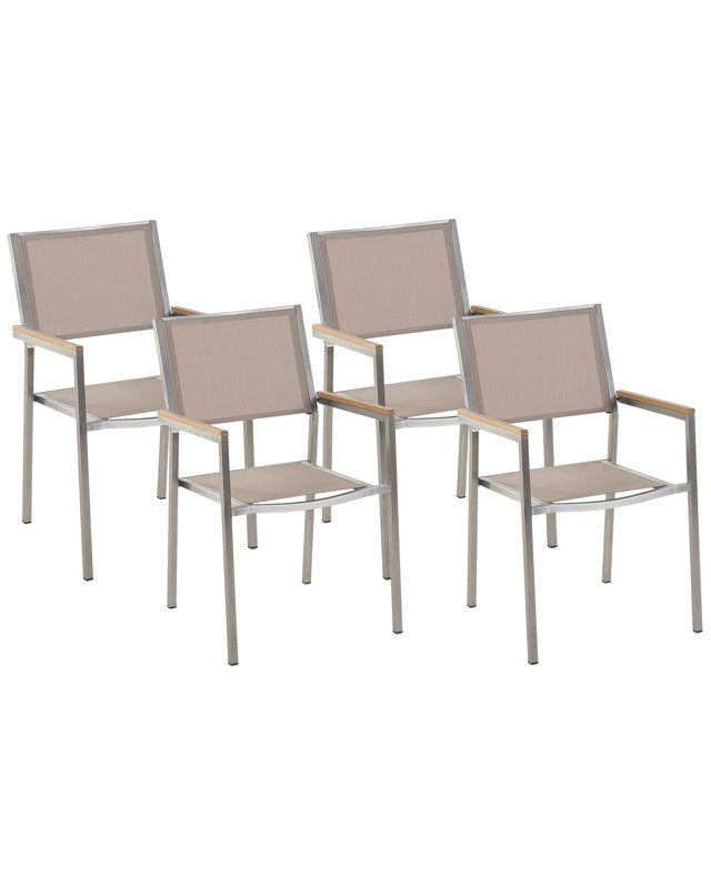 Set of 4 Garden Dining Chairs Beige and Silver Textile Seat Stainless Steel Legs Stackable Outdoor Resistances Beliani