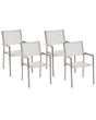 Set of 4 Garden Dining Chairs White and Silver Textile Seat Stainless Steel Legs Stackable Outdoor Resistances Beliani