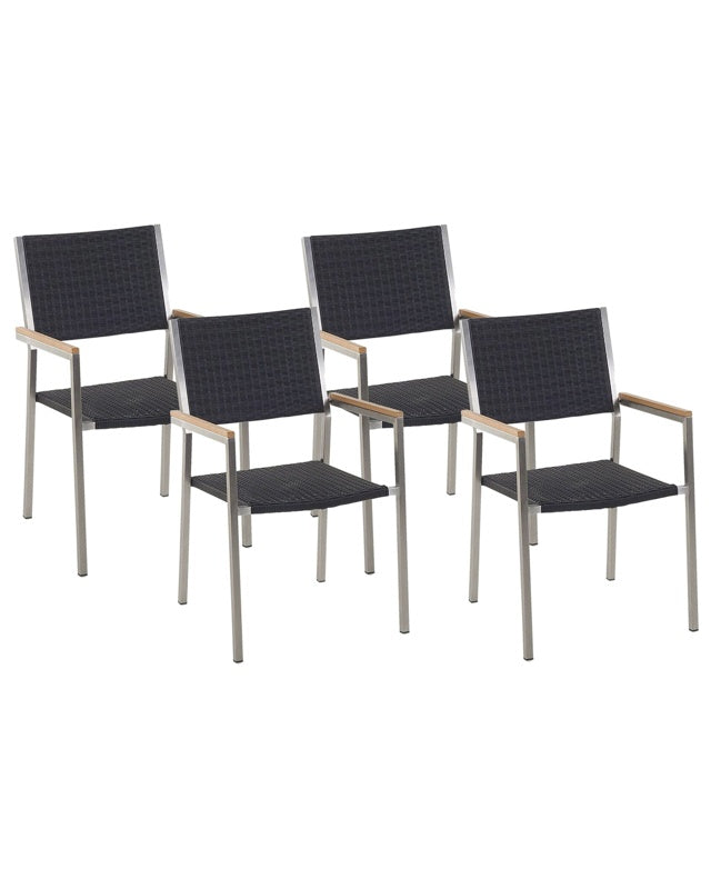 Set of 4 Garden Dining Chairs Black and Silver Faux Rattan Seat Stainless Steel Legs Stackable Outdoor Resistances Beliani