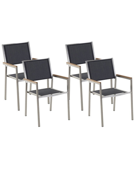 Set of 4 Garden Dining Chairs Black and Silver Textile Seat Stainless Steel Legs Stackable Outdoor Resistances Beliani