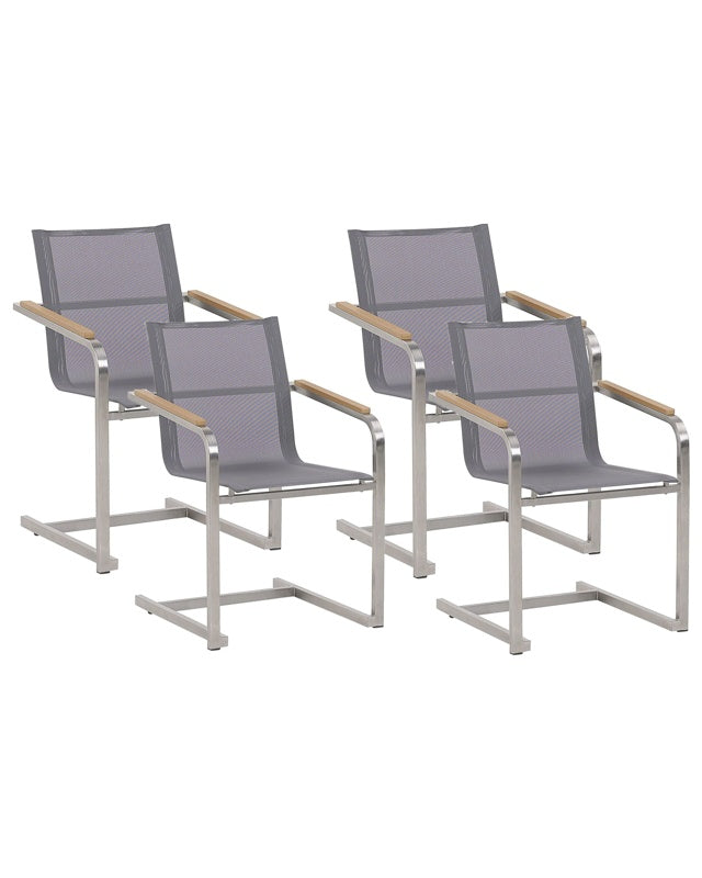 Set of 4 Garden Chairs Grey Synthetic Seat Stainless Steel Frame Cantilever Style  Beliani