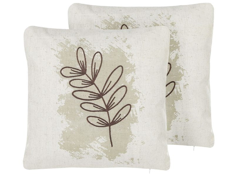 Set of 2 Throw Cushions Beige Polyester Blend 45 x 45 cm Decorative Soft Home Accessory Embroidered Leaf Beliani