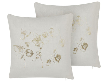 Set of 2 Cushions Off-White Polyester 45 x 45 cm Leaf Foil Print with Filling Zipper Scatter Throw Pillow Beliani