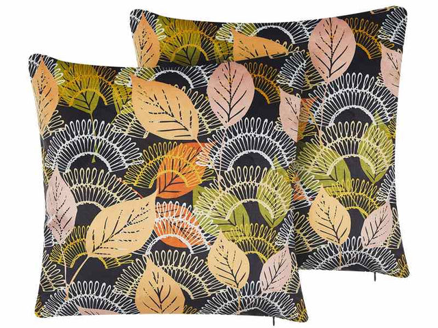 Set of 2 Cushions Multicolour Velvet 45 x 45 cm Leaf Pattern Print with Filling Zipper Scatter Throw Pillow Beliani