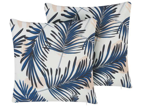 Set of 2 Outdoor Cushions Blue Polyester 45 x 45 cm Palm Leaf Print Pattern Garden Patio Beliani