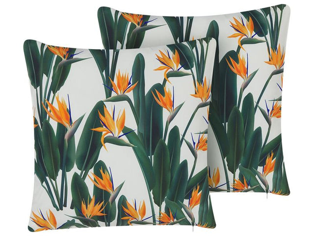 Set of 2 Outdoor Cushions Green Polyester 45 x 45 cm Floral Print Pattern Garden Patio Beliani