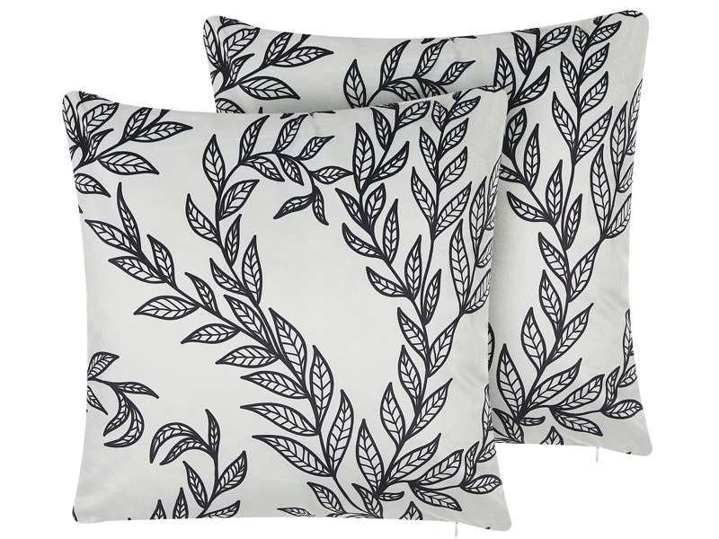 Set of 2 Scatter Cushions White and Black Velvet 45 x 45 cm Leaf Pattern Floral Print Decorative Throw Pillows Removable Covers Zip Fastener Beliani