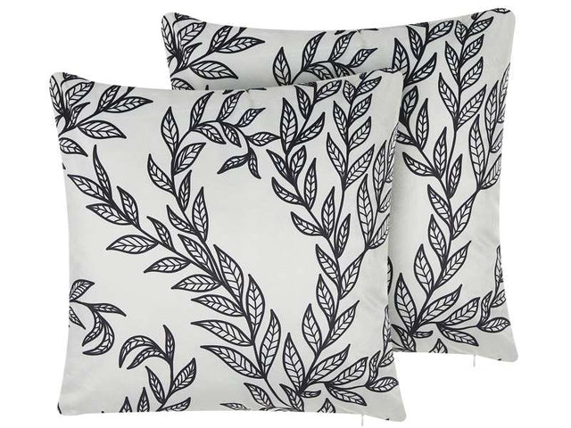 Set of 2 Scatter Cushions White and Black Velvet 45 x 45 cm Leaf Pattern Floral Print Decorative Throw Pillows Removable Covers Zip Fastener Beliani