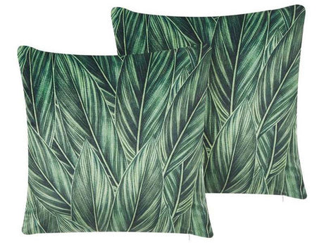 Set of 2 Scatter Cushions Green Velvet 45 x 45 cm Leaf Pattern Floral Print Decorative Throw Pillows Removable Covers Zip Fastener Modern Boho Beliani