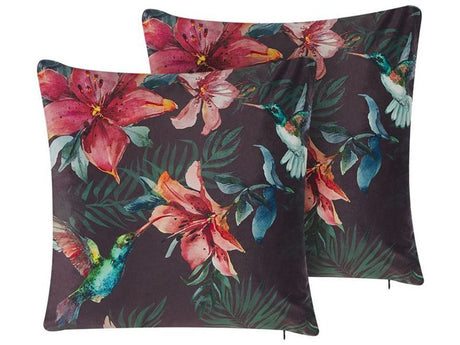 Set of 2 Scatter Cushions Multicolour Velvet 45 x 45 cm Tropical Pattern Flower Print Decorative Throw Pillows Removable Covers Zipper Closure Beliani