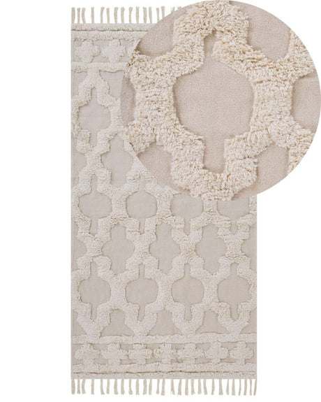 Area Rug Beige Cotton 80 x 150 cm Tufted Moroccan Quatrefoil Pattern Tassels Living Room Bedroom Beliani