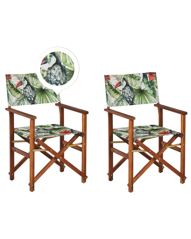 Set of 2 Garden Director's Chairs Dark Wood with Off-White Acacia Toucan Pattern Replacement Fabric Folding  Beliani