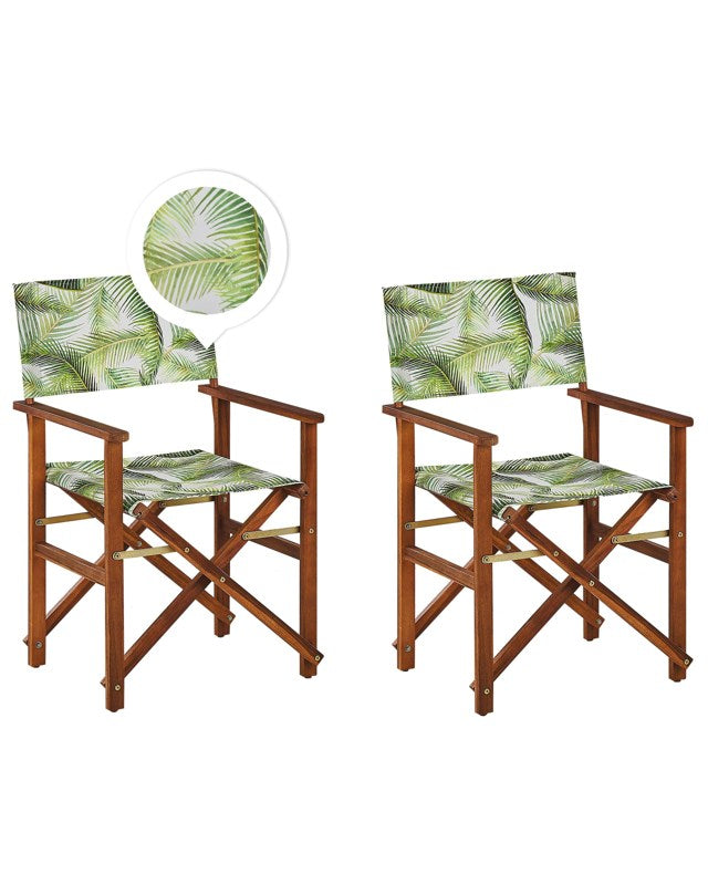 Set of 2 Garden Director's Chairs Dark Wood with Off-White Acacia Tropcal Leaves Pattern Replacement Fabric Folding Beliani