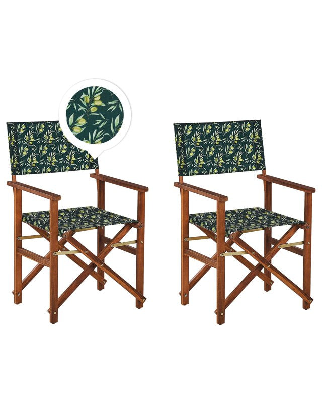 Set of 2 Garden Director's Chairs Dark Wood with Off-White Acacia Olives Pattern Replacement Fabric Folding  Beliani