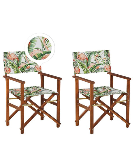 Set of 2 Garden Director's Chairs Dark Wood with Off-White Acacia Flamingo Pattern Replacement Fabric Folding  Beliani