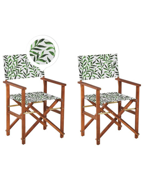 Set of 2 Garden Director's Chairs Dark Wood with Off-White Acacia Leaf Pattern Replacement Fabric Folding Beliani