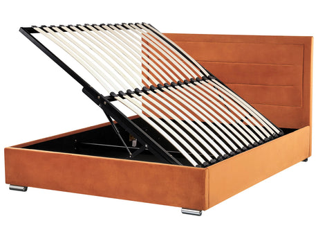 Storage Bed Orange Velvet Upholstery EU Super King Size 6ft Modern Design Padded Headboard Ottoman Lift  Beliani